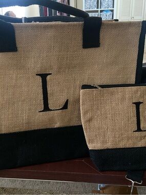 Natural Jute Tote and Matching Pouch with Black Trim and Monogram